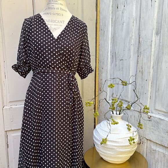 GABY SKYE,  SPOTTED FAUX WRAP HIGH LOW MIDI DRESS. Size 8 - Picture 1 of 8
